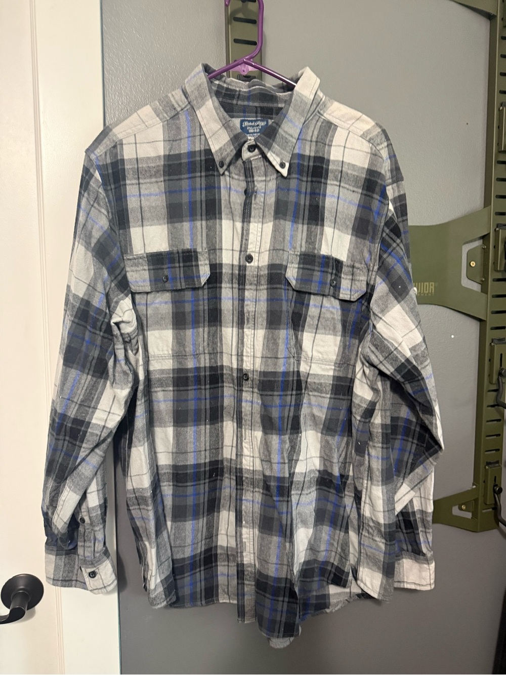 Faded Glory Gray, Black & Blue Plaid Button-Down Shirt